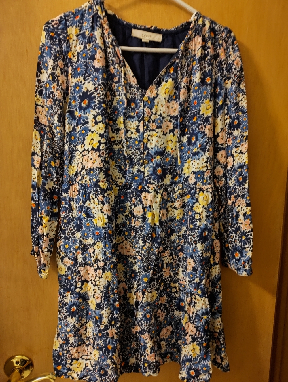 LOFT Navy Floral V-Neck Long Sleeve Dress with Yellow Accents